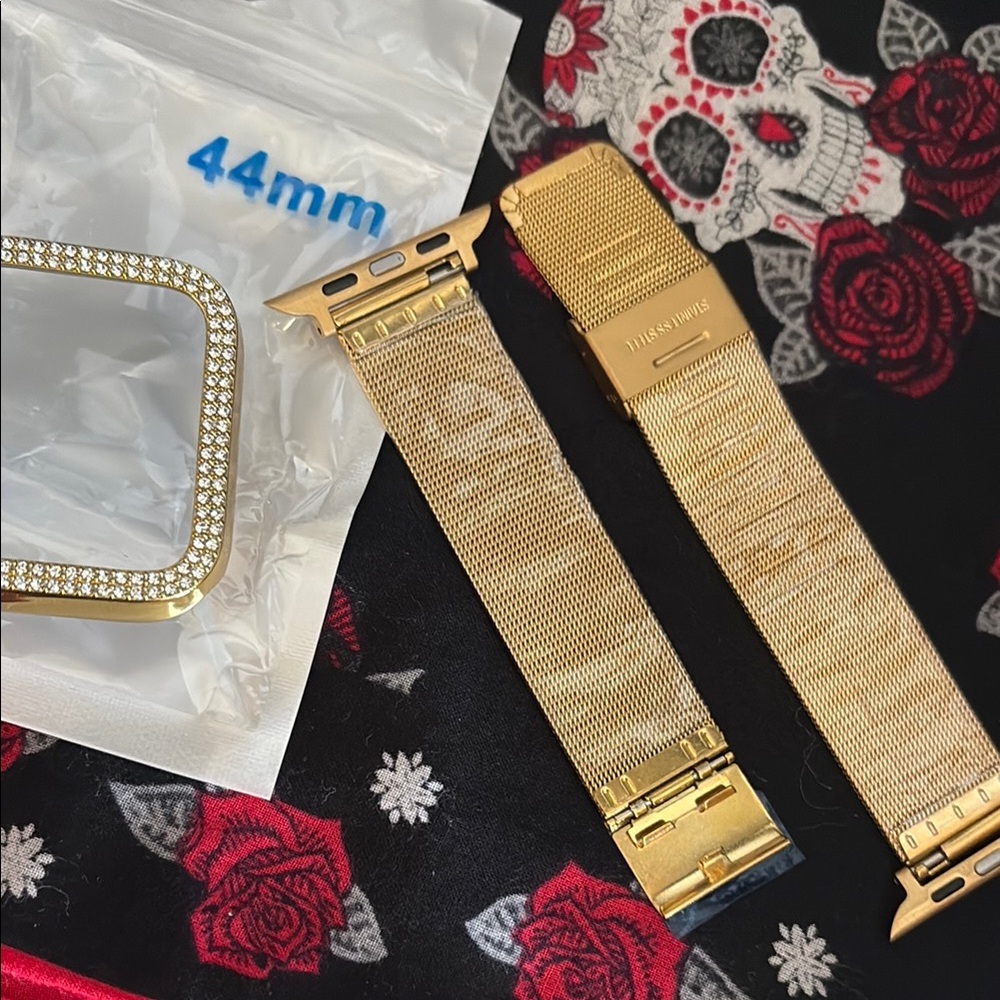 Gold Mesh Watch Band with Rhinestone Frame - Picture 2 of 2